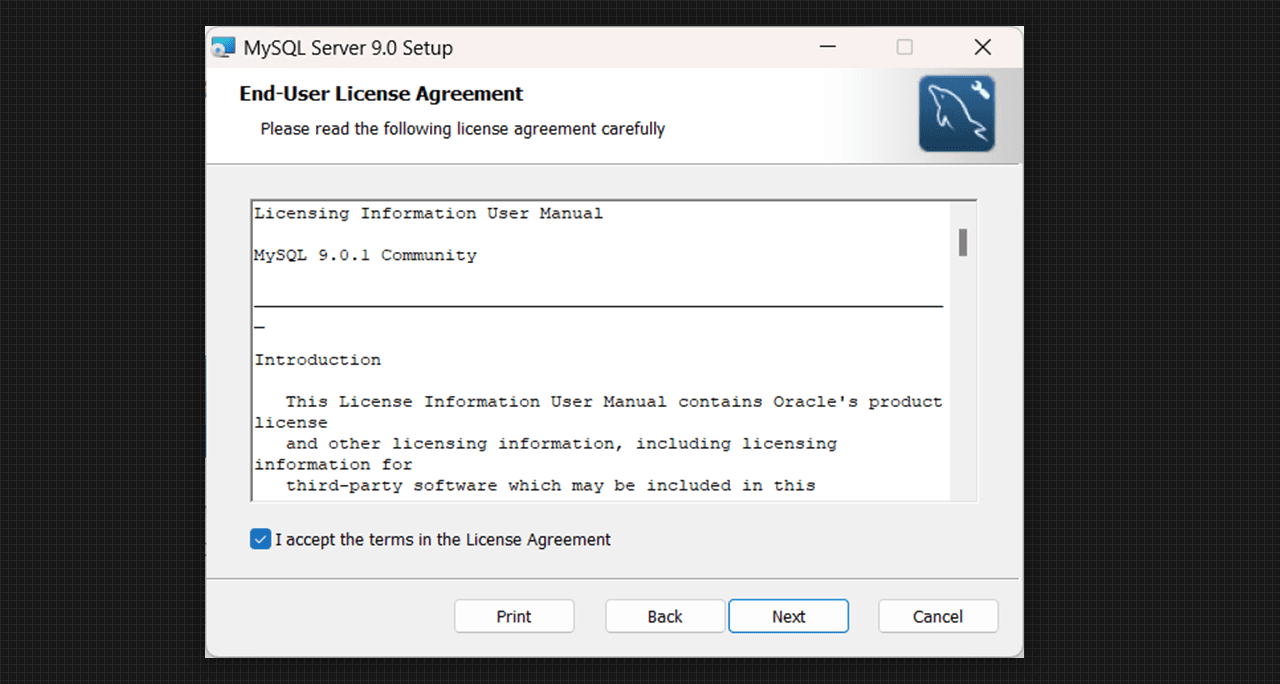 License and Agreement of MySQL Server 9.0 Setup