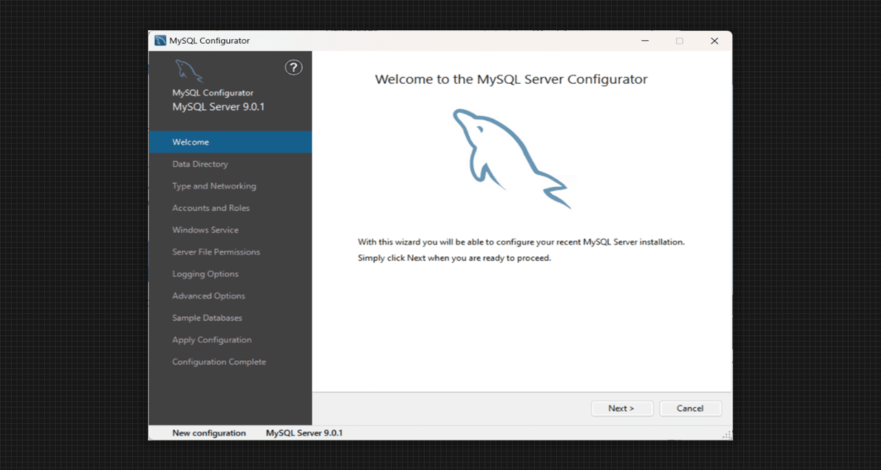 Configuration window of MySQL Server 9.0 Setup