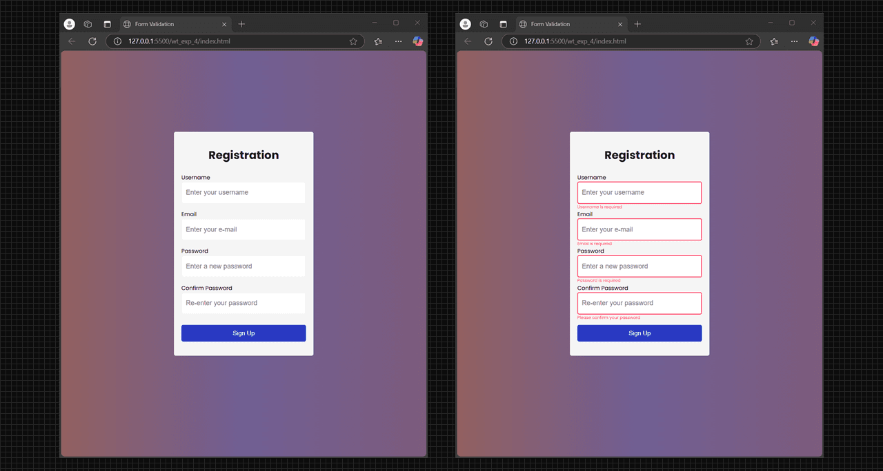 Registration form validate the input using JavaScript. empty, error.