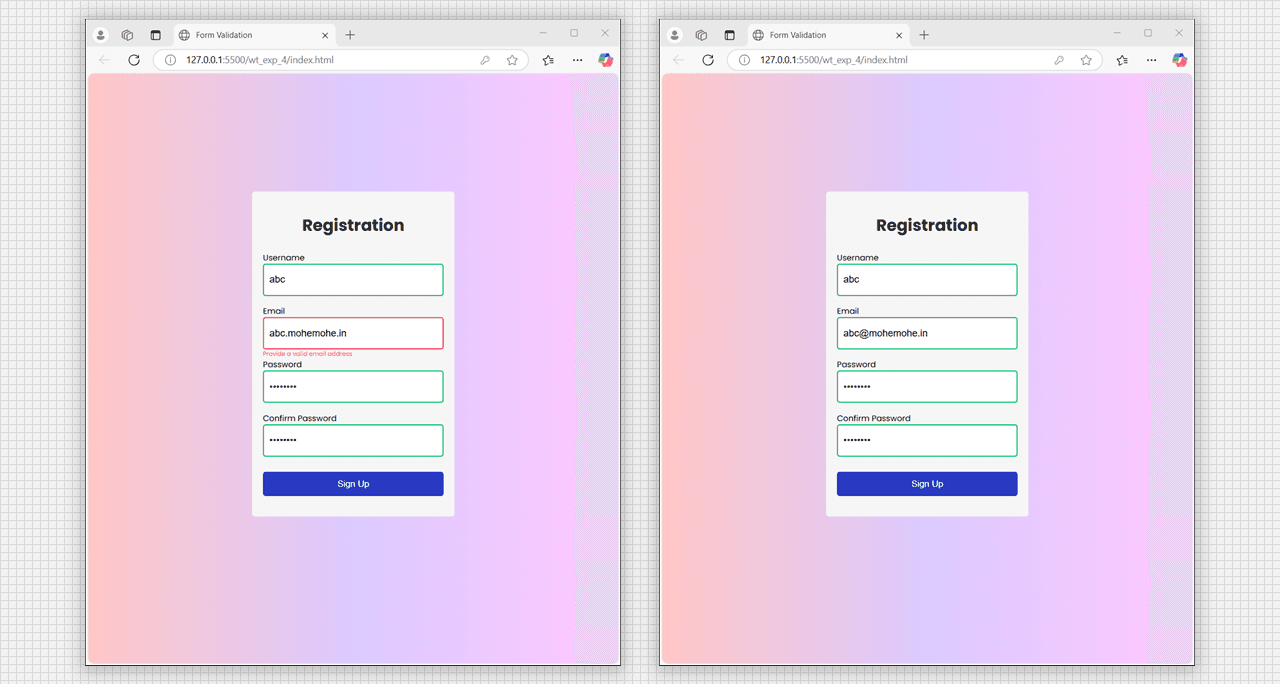 Registration form validate the input using JavaScript. error, correct.